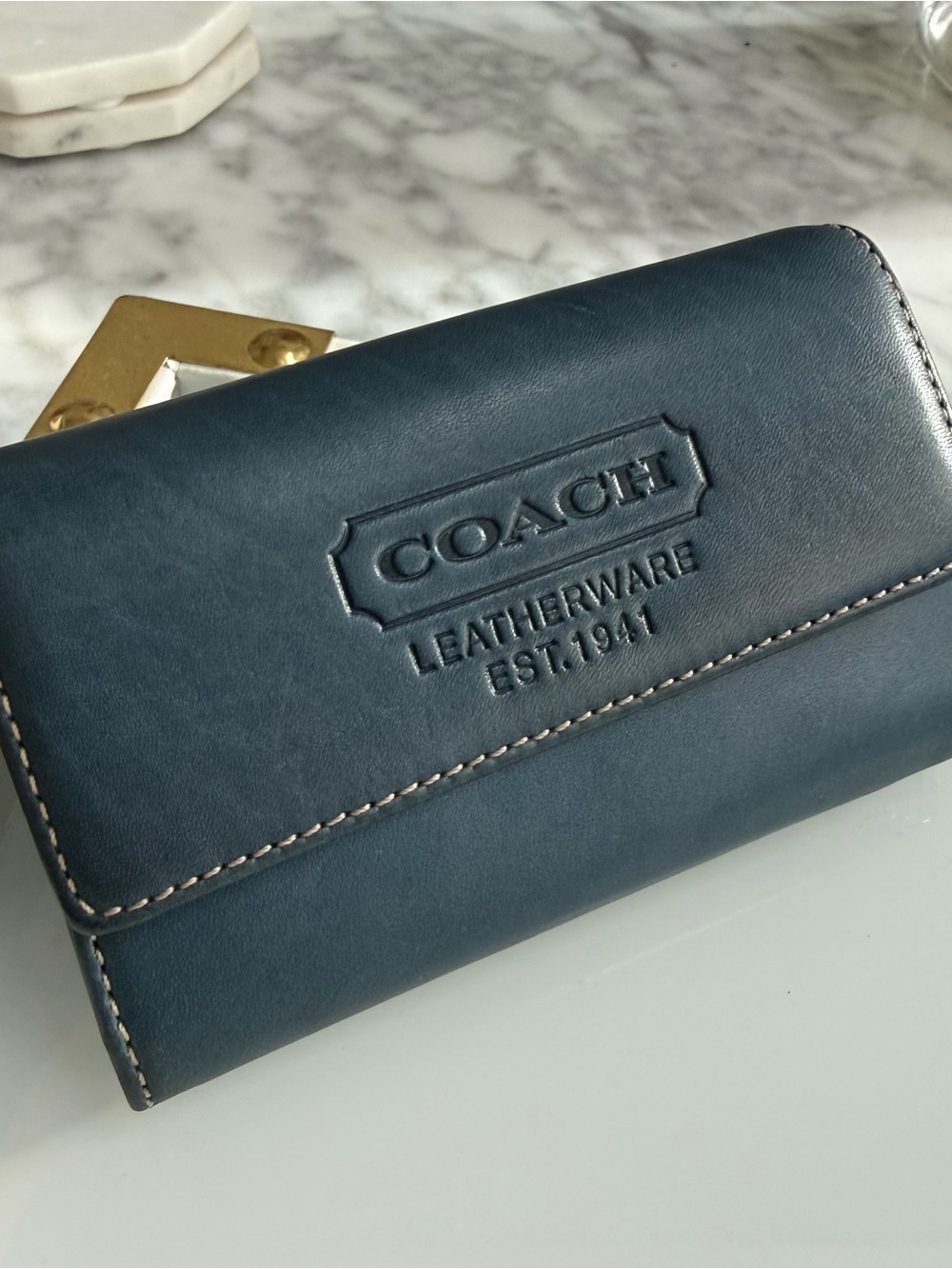 Vintage COACH Navy Blue Leather Multifunction Purse Keychain Wallet 7219
